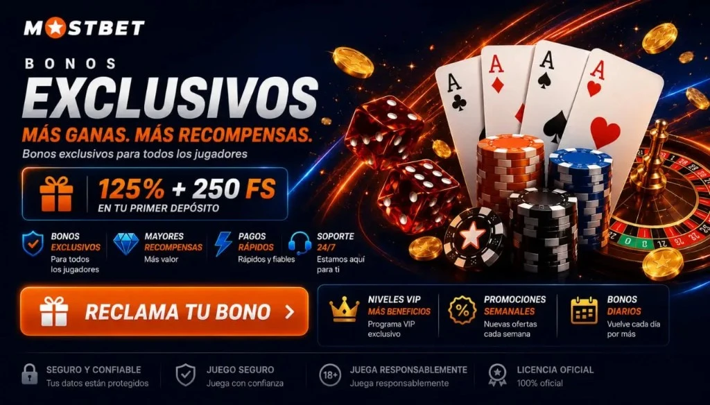Mostbet Colombia: bono inicial 125% más 250 giros; recompensas adicionales y caja rápida.