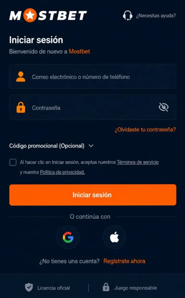 Mostbet login: formulario de acceso con correo y contraseña en Colombia